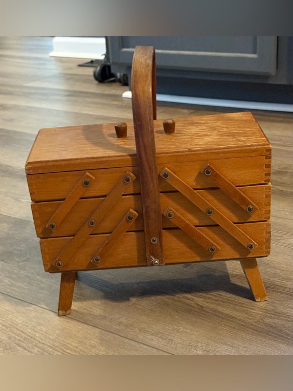 Vintage Romanian 3-Tier Cantilever Wooden Sewing Box